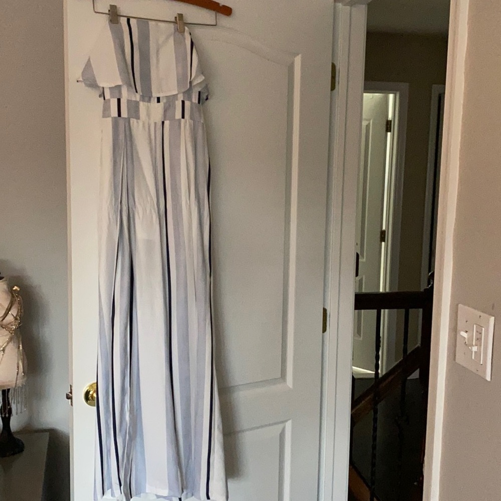 White and blue striped jumpsuit